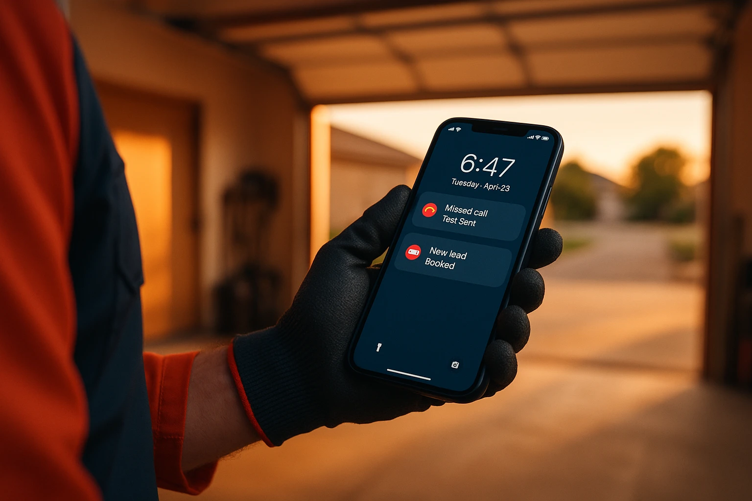 Technician phone showing missed-call text-back and a new booking
