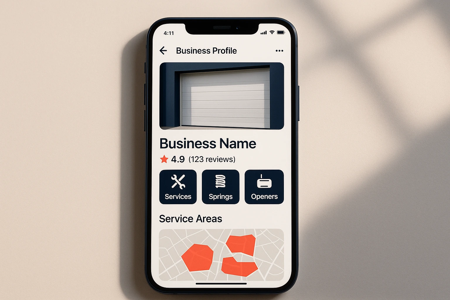 Business profile and service areas highlighted on a map