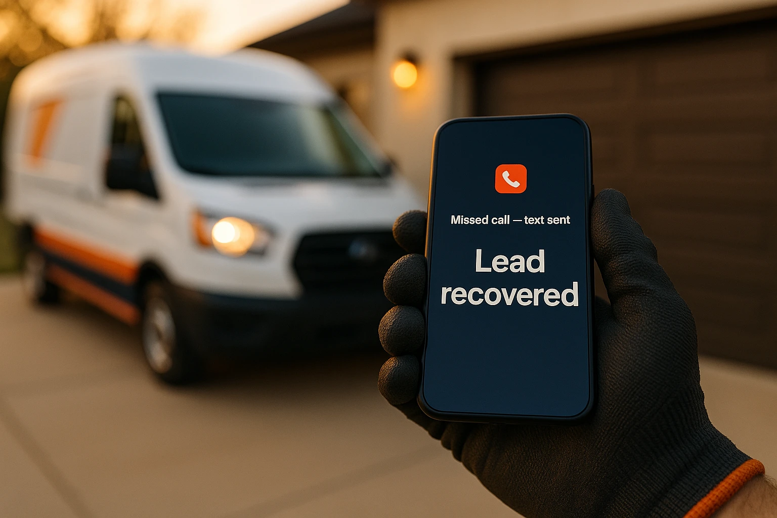 Technician phone showing missed-call text-back recovering a garage door lead.